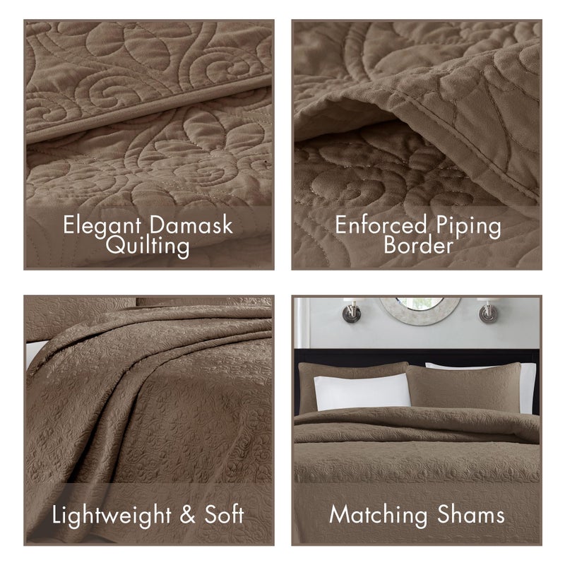 Madison Park Quebec Quilt Set - Luxurious Damask Stitching Design, Cotton Filled Lightweight Coverlet Bedspread Bedding, Shams, King/Cal King(104"x94"), Mocha 3 Piece - Image 4